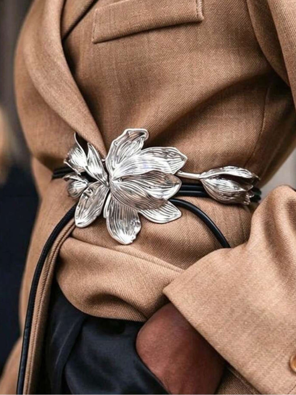 Luxury Sculptural Silver Floral Waist Belt with Black Cord